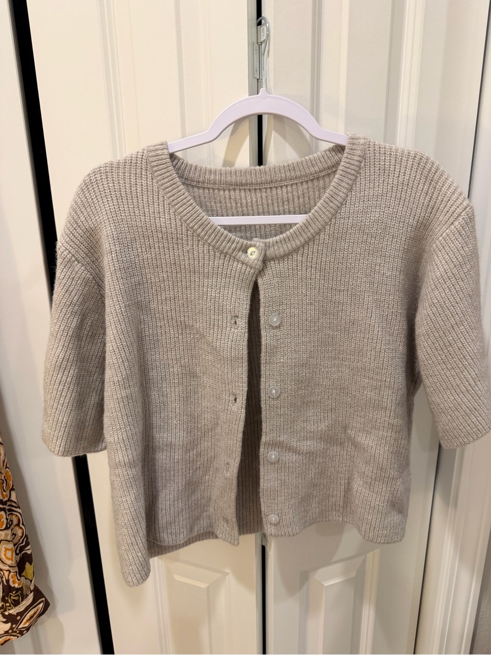 Amazon Beige Ribbed Knit Short-Sleeve Cardigan